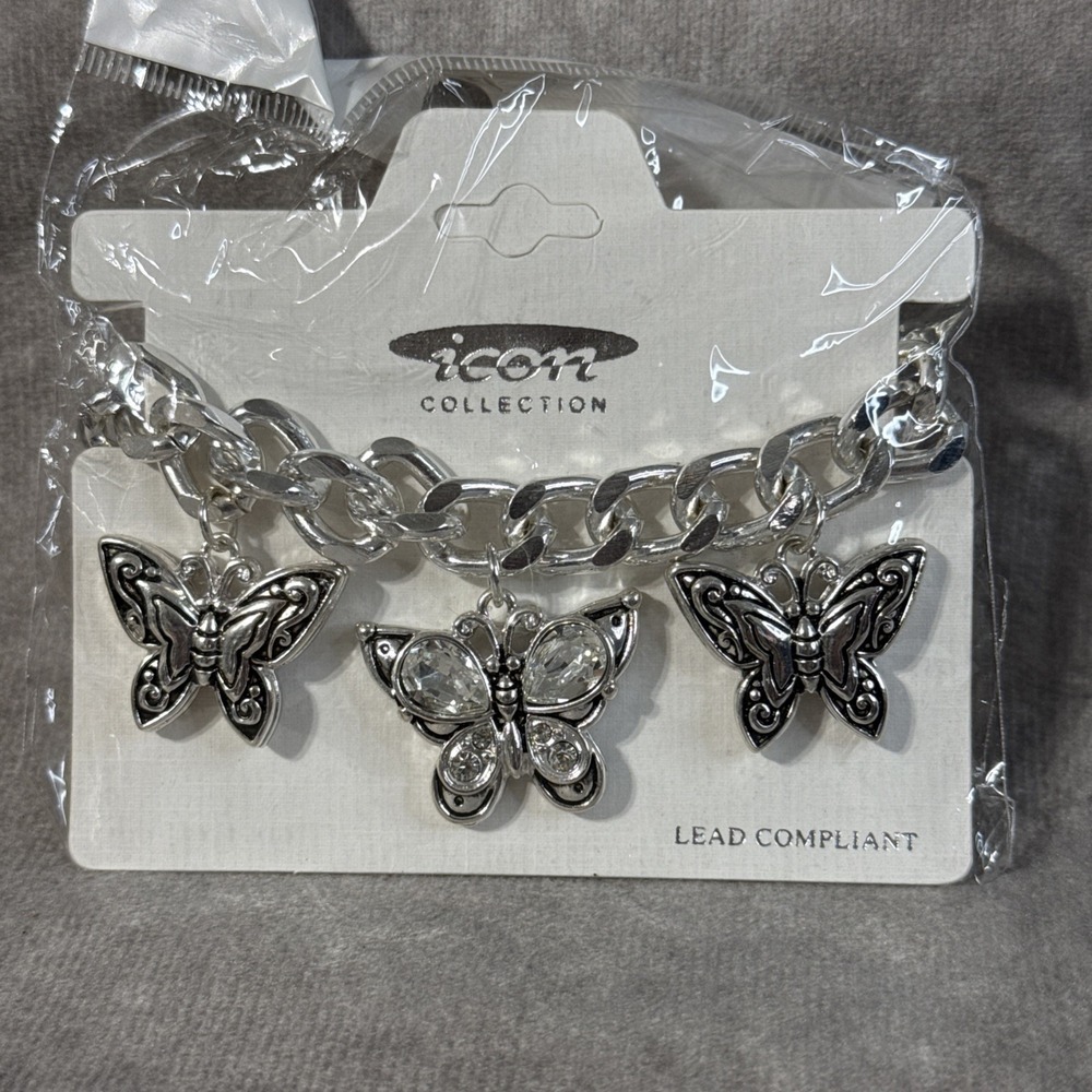 Icon Collection Butterfly Charm Bracelet Silver Tone White Crystal
